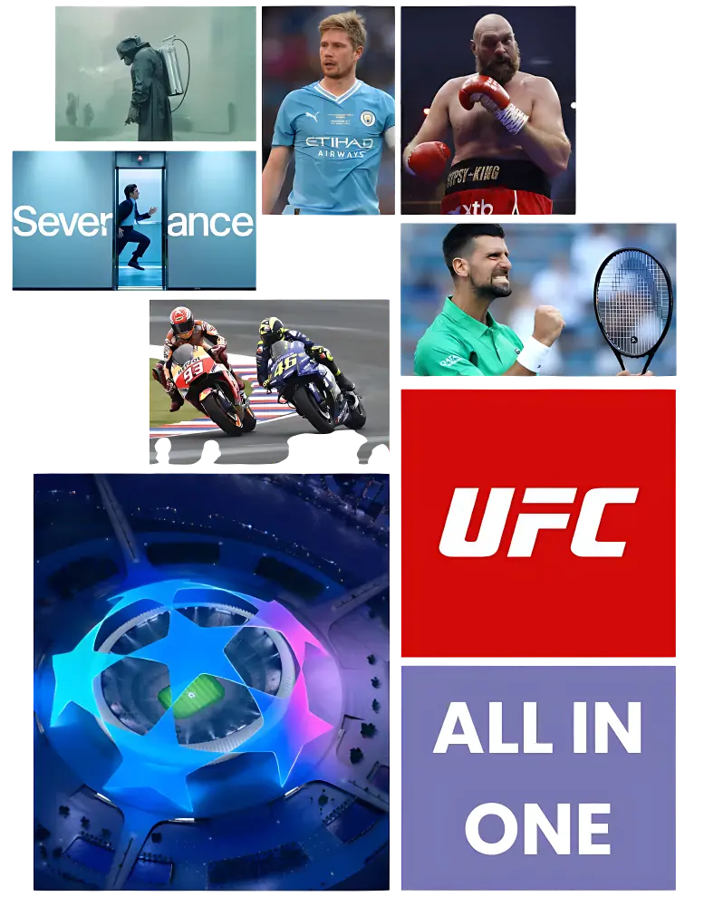XtremeHD IPTV content collage with live football, boxing, tennis, motorsport, MMA and TV series