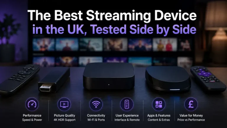 Three streaming devices beside a television and a stopwatch