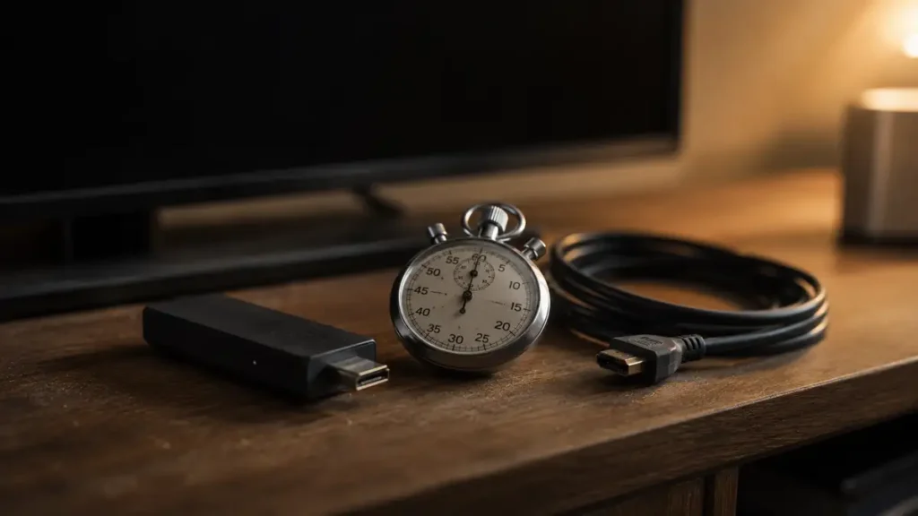 A stopwatch beside an HDMI stick during a setup timing run