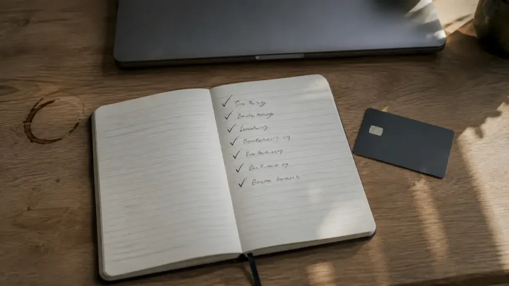 A handwritten checklist beside a laptop and a bank card