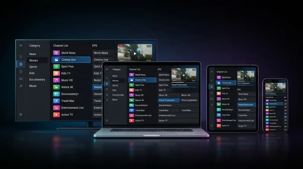 Xtreme HD IPTV setup on any device shown on a Firestick, Samsung TV, Android box and iPhone