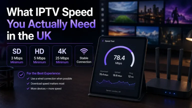 IPTV speed test results shown beside a television in a UK flat