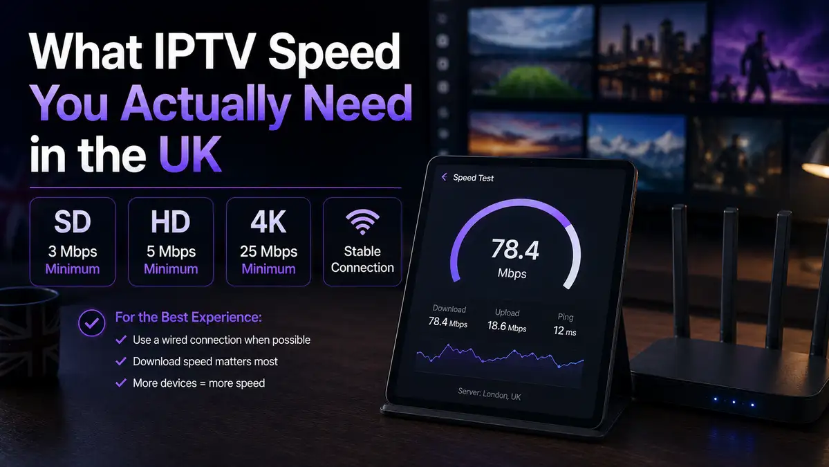 IPTV speed test results shown beside a television in a UK flat
