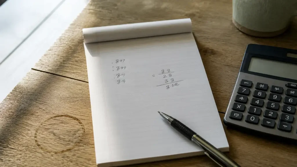A notepad dividing four plan prices into a monthly figure