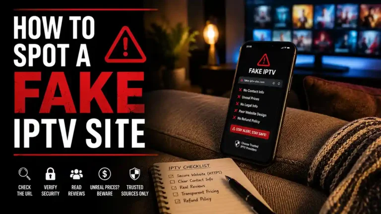 How to spot a fake IPTV site: a phone propped on a sofa arm beside an open notebook at night