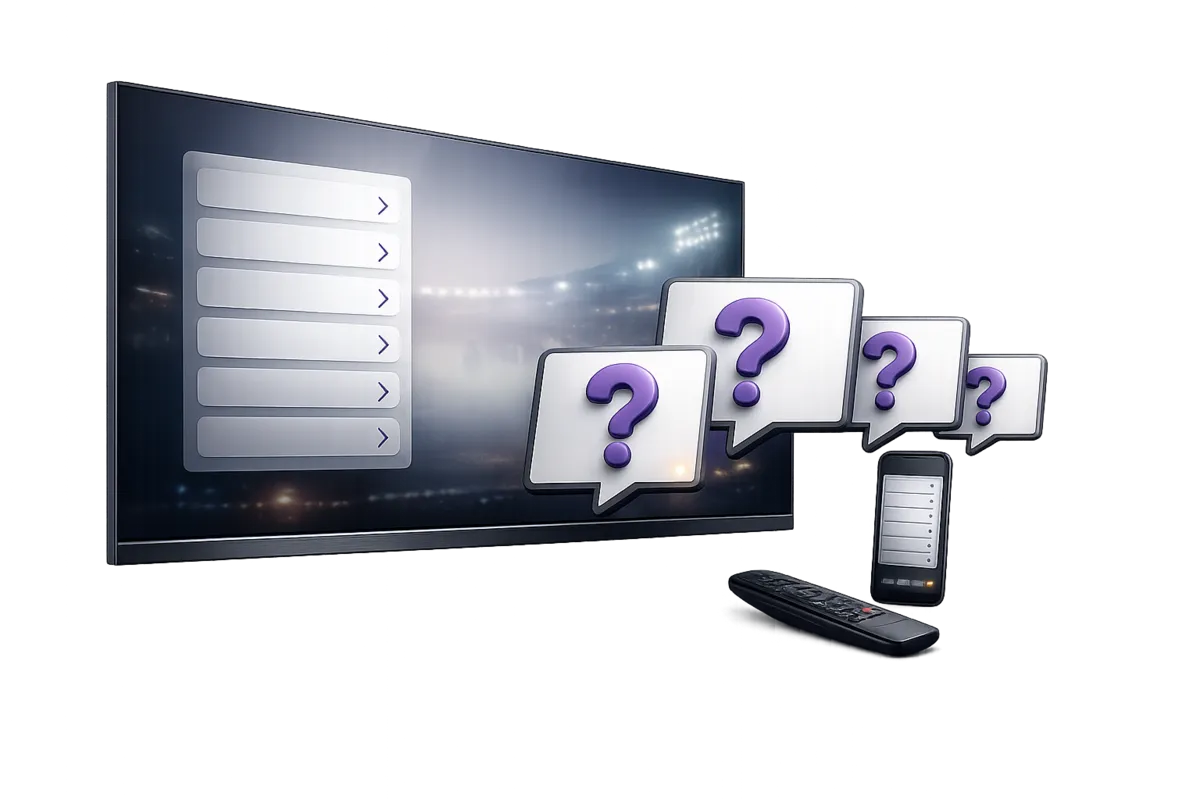 Xtreme IPTV questions shown as speech bubbles in front of a television screen